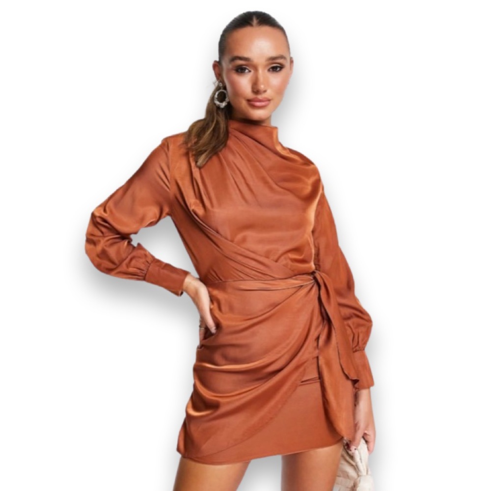 ASOS pleat cowl neck mini dress with tie belt in rust